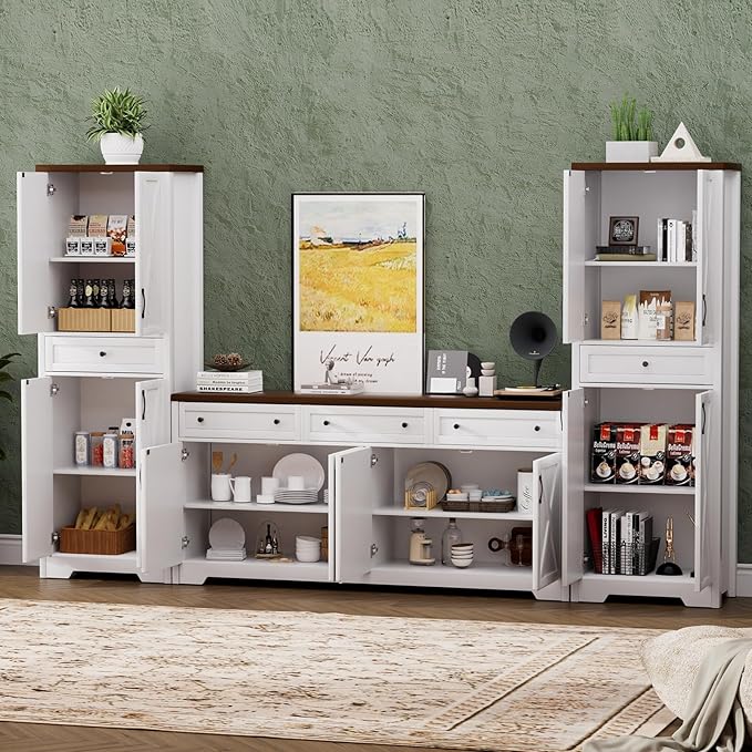 Lyromix 3 Pieces Sideboard and Pantry Set with Storage, Brown Farmhouse Wall Unit Entertainment Center, Large Kitchen Sideboard Buffet Pantry Cabinet with Drawers