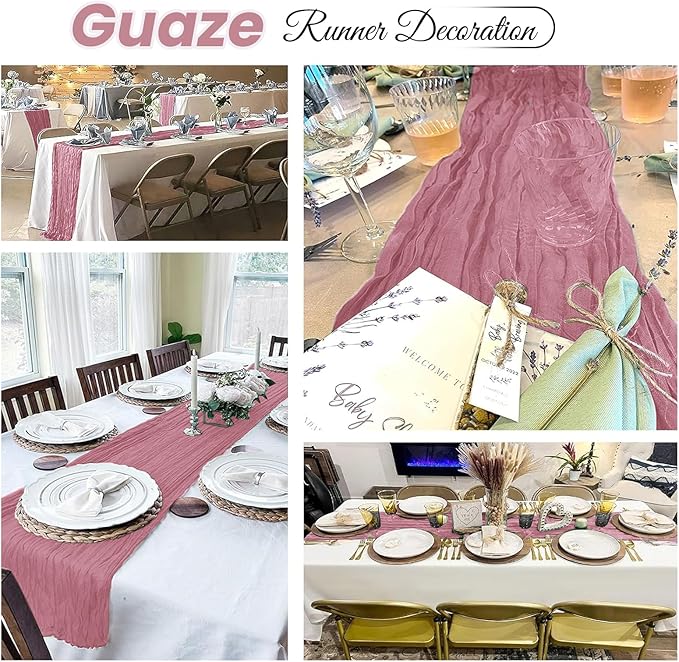 4 Pack Dusty Rose Cheesecloth Table Runner 20 x 120 inch Gauze Table Runners 10 FT Long,Semi Sheer Cheese Cloth Fabric Table Runner Bulk for Wedding,Party,Baby Shower,Bridal Shower Decoration