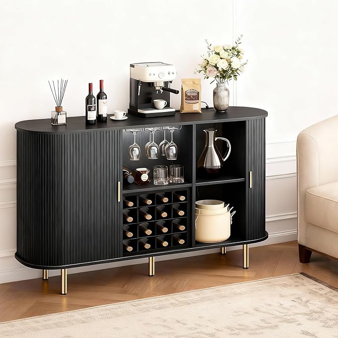 DHH 55" Wine Bar Cabinet with Storage, Fluted Liquor & Coffee Bar Cabinet with Wine Rack and Glass Holder, Buffet Sideboard with LED Lights for Home Kitchen Living Dining Room (Black)