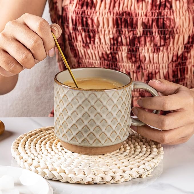 GBhome 15OZ Stackable Coffee Mugs, Ceramic Coffee Mugs with Texture Patterns for Man,Woman,Dad,Mom, Modern Coffee Mugs Set of 4 for Latte/Cappuccino/Cocoa. Dishwasher&Microwave Safe, Pale Khaki
