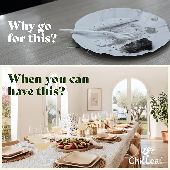 Chic Leaf Disposable Palm Leaf Plates - 50 Count, 8" Square, Christmas Meal - Bamboo Plates, Biodegradable & Compostable - Microwave Safe & Heavy Duty - Event & Party Supplies - Wedding Decor