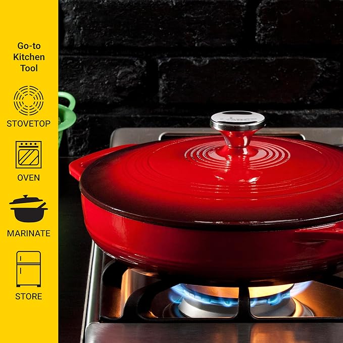 Lodge 3.6 Quart Enameled Cast Iron Oval Casserole With Lid??Dual Handles ??Oven Safe up to 500째 F or on Stovetop - Use to Marinate, Cook, Bake, Refrigerate and Serve ??Island Spice Red