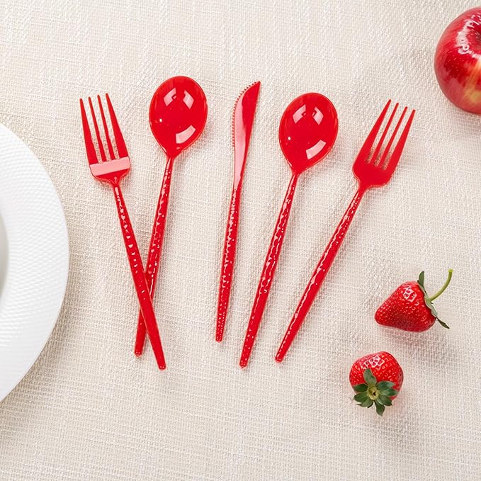 LIYH 150 Pcs Red Plastic Cutlery Sets - Red Plastic Silverware Heavyduty,Disposable Utensil Sets, 50 of Each Forks, Knives & Spoons Flatware Set for Party Birthday Valentine's Day Mother's Day
