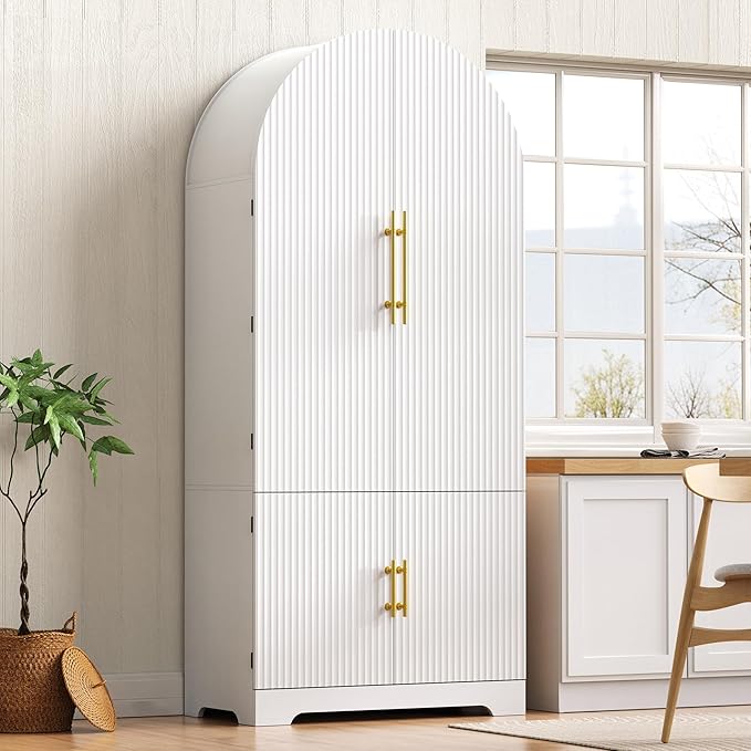 Ball & Cast 72?쿟all Arched Kitchen Pantry Cabinet with 8 Door Shelves & Drawers,Versatile Farmhouse Fluted Pantry Storage Cabinet w/ 3 Adjustable Shelves for Kitchen,Dining Room,White