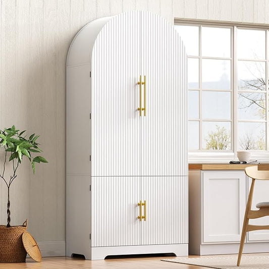 Ball & Cast 72?쿟all Arched Kitchen Pantry Cabinet with 8 Door Shelves & Drawers,Versatile Farmhouse Fluted Pantry Storage Cabinet w/ 3 Adjustable Shelves for Kitchen,Dining Room,White