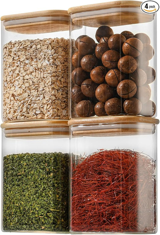37oz Rectangle Airtight Glass Storage Containers with Bamboo Lids (Set of 4), Square Food Storage Jar, Pantry Organizers for Cereal, Nuts, Snacks and Coffee beans (?럚ith Black Lable)