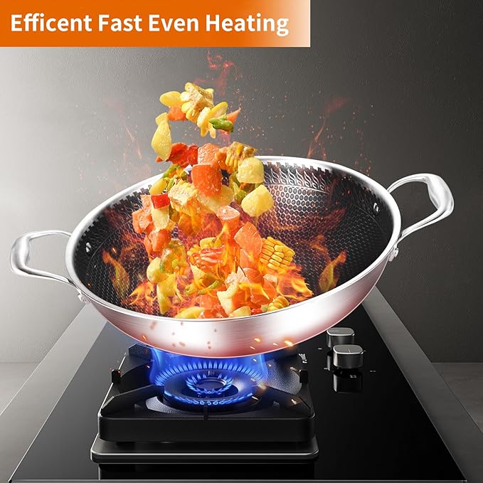 DELARLO Wok Pan With Lid 12 Inch Non stick wok,Oven Safe Up to 600??Woks & Stir-Fry Pans Nonstick,Tri-Ply Stainless Steel Wok, 5QT Nonstick Deep Frying Pan, Induction Saute Pan With Lid