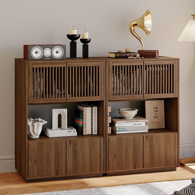 NessCarsti 33.46" Mid-Century Modern Wooden Storage Cabinet, Freestanding Buffet Sideboard with Grille Striped Doors, Open Shelf and Enclosed Compartments, Walnut for Dining Room, Kitchen, Living Room