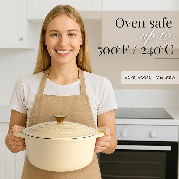 Nuovva Enamelled Cast Iron Dutch Oven Pot with Lid ??6.4 Quart Non Stick Casserole Pot ??Heavy Duty & Oven Safe up to 500째 F for Bread Baking, Braising, Stews, Roasting ??28cm Cream