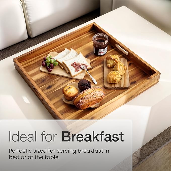 20 Inch Acacia Wood Ottoman Tray - Wooden Square Serving Tray with Handles - Extra Large Food Serving Trays for Decorative, Coffee Table, Breakfast in Bed - Charcuterie Trays Use for Kitchen