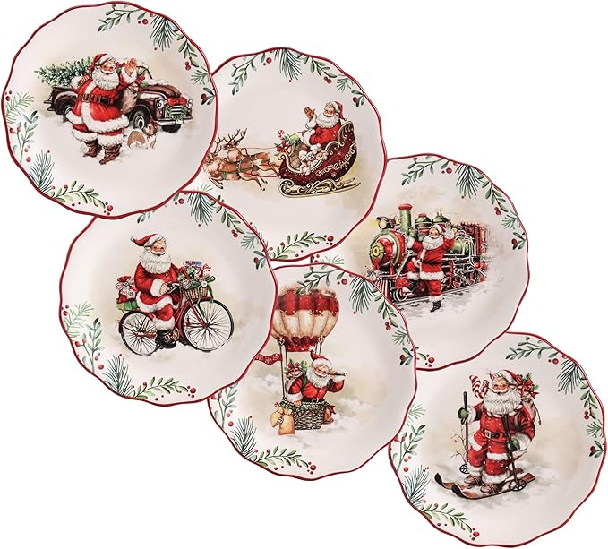 Bico Santa On The Way Scalloped Appetizer Plates Set of 6, 6 Inch Small Ceramic Dessert Plates for Snacks, Salad, Tablescape, Microwave and Dishwasher Safe, Gift for Housewarming and Thanksgiving