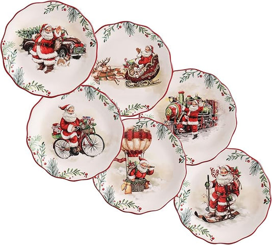Bico Santa On The Way Scalloped Appetizer Plates Set of 6, 6 Inch Small Ceramic Dessert Plates for Snacks, Salad, Tablescape, Microwave and Dishwasher Safe, Gift for Housewarming and Thanksgiving