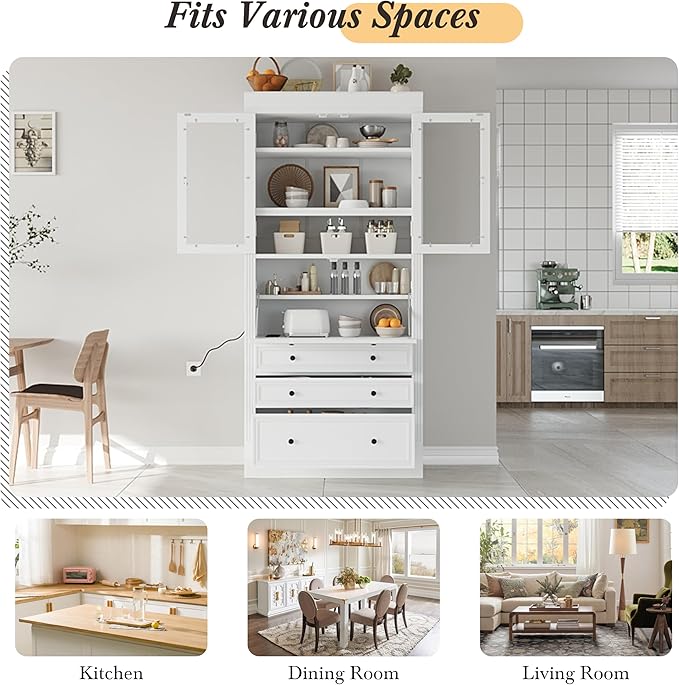 Merax 78 Inch Extra-Tall Freestanding Kitchen Pantry Storage Cabinet, Multifunctional Cupboard with 3 Drawers, Adjustable Shelves & Power Outlet Drop-Down Surface for Dining and Living Room, White