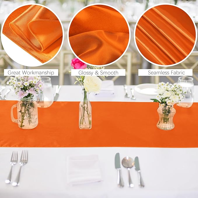 Aneco 4 Pack Satin Table Runner 12 x 108 Inch Orange Long Bright Silk and Smooth Fabric Party Table Runner for Wedding Banquet Party Decoration