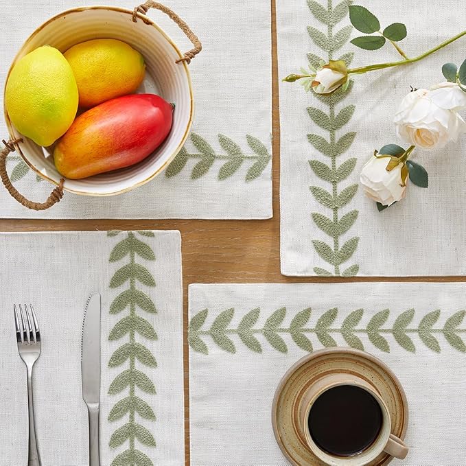 Wracra Embroidered Placemats, 13 x 18 Inch Set of 6 Placemats, Irregular Willow Rustic Place Mats for Kitchen Table and Heat Resistant, Light Sage Green 6PCS
