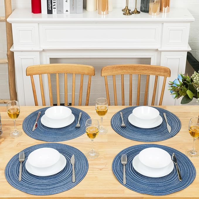 Winknowl Round Braided Placemats Set of 6 Washable Woven Heat Resistant Table Mats for Kitchen Dining Tables 15 inch Round Place Mats (Seascape Blue,6)