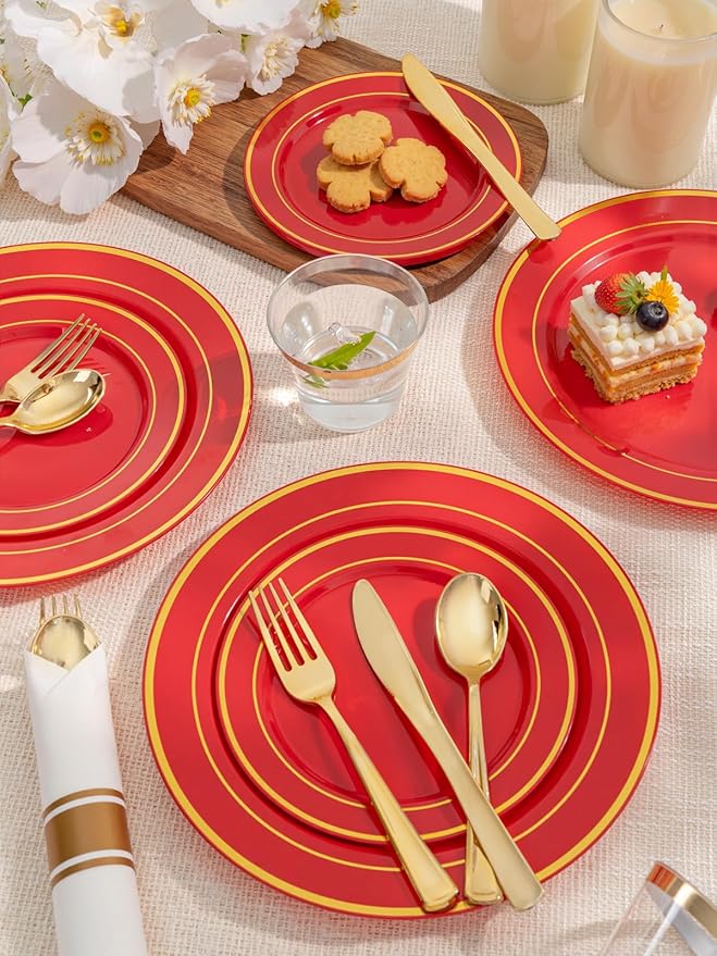 175 Pieces Red Plastic Plates with Gold Rim Include Dinner Plate 10?? Dessert Plate 7?? gold Cups 9 OZ, Pre Rolled Napkins 25 of each type for Party Valentine's Day