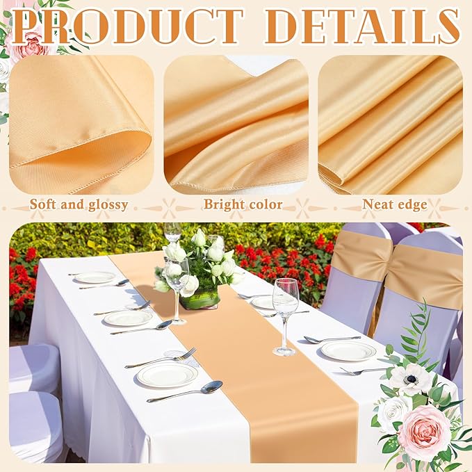 Bencailor 24 Pcs Champagne Satin Table Runner Bulk 12 x 108 Inches Long Table Runners Bright Smooth Fabric Tablecloth for Wedding Banquet Birthday Valentines St Patrick's Day Party Decorations