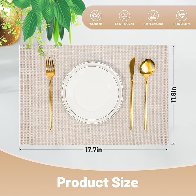 flohar Placemats Set of 6竊똍on-Slip PVC Weave Table Mats Easy to Clean竊똇eat Resistant Place Mats for Kitchen Dining Table Decoration Indoor Outdoor竊똁eige White