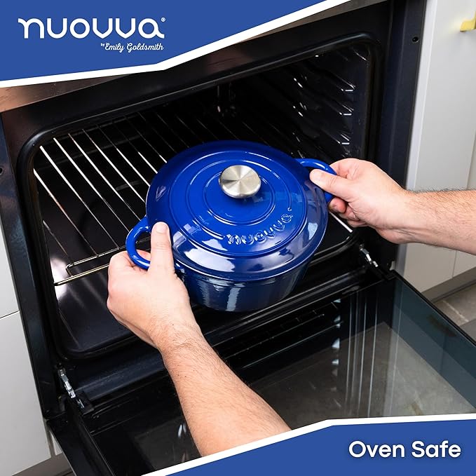 Cast Iron Pot with Lid ??Non-Stick Ovenproof Enamelled Casserole Pot, Oven Safe up to 500째 F ??Sturdy Dutch Oven Cookware ??Dark Blue, 5-Quart, 24cm ??by Nuovva