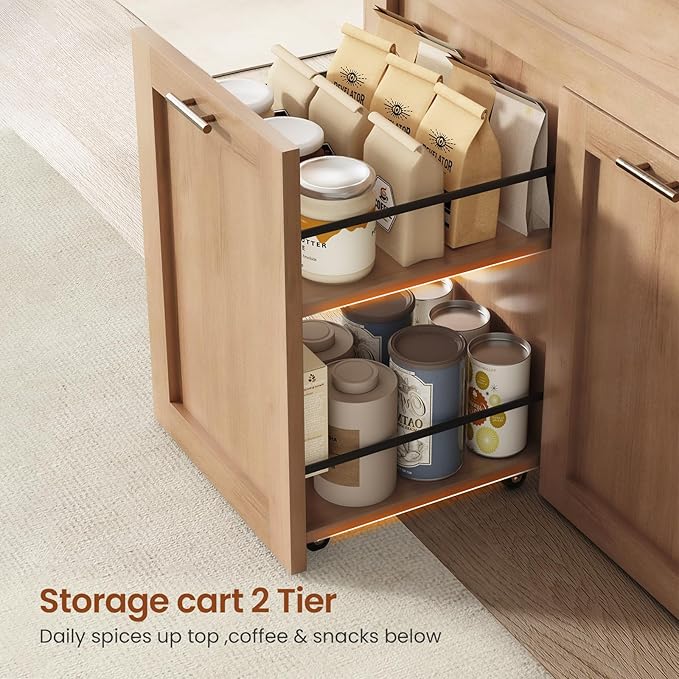 Itaar 71" Arched Kitchen Pantry Cabinet, Kitchen Storage Cabinets with 1 Large Drawer & Storage Cart 2 Tier & Door Shelves for Living Room, Dining Room, Natural