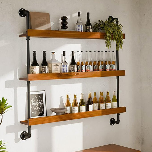 Industrial Wine Rack Wall Mounted, Solid Wood Shelf with Metal Pipe Brackets, 3-Tier Rustic Hanging Organizer for Wine Bottle Storage in Kitchen, Bar, Pub, Cellar(Walnut Brown, 48 Inch)