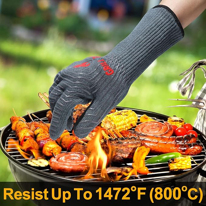 QUWIN BBQ Gloves, Oven Gloves 1472??Extreme Heat Resistant, Grilling Gloves Silicone Non-Slip Oven Mitts, Kitchen Gloves for BBQ, Grilling, Cooking, Baking-1 Pair??(Grey, One Size(Long Cuff))