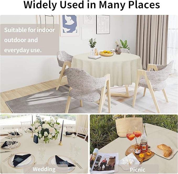 Easy-Going Faux Linen Waterproof Spill-Proof Tablecloth Stain Resistant Round Table Cloth Wrinkle Free Decorative Fabric for Kitchen, Dining, Party, Weddings, Restaurants (70 in-Round, Beige)