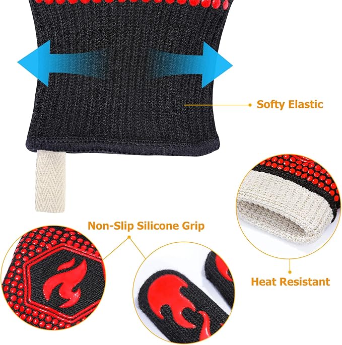 QUWIN BBQ Gloves, BBQ Accessories 1472??Extreme Heat Resistant, Grilling Gloves Silicone Non-Slip Oven Mitts, Kitchen Gloves for BBQ, Grilling, Cooking, Baking-1 Pair??(One Size Fits Most, Red)