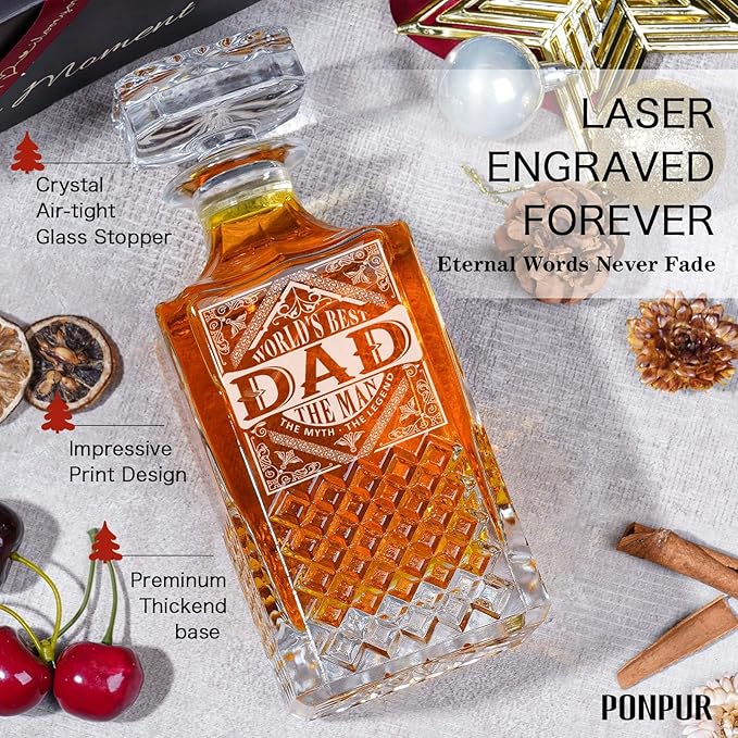 PONPUR Gifts for Men Dad, Whiskey Decanter Set with 2 Glasses with Wooden Box, Unique Dad Birthday Gift from Daughter Son, Best Dad Father Husband Presents for Anniversary Christmas