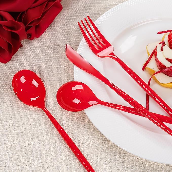 LIYH 150 Pcs Red Plastic Cutlery Sets - Red Plastic Silverware Heavyduty,Disposable Utensil Sets, 50 of Each Forks, Knives & Spoons Flatware Set for Party Birthday Valentine's Day Mother's Day