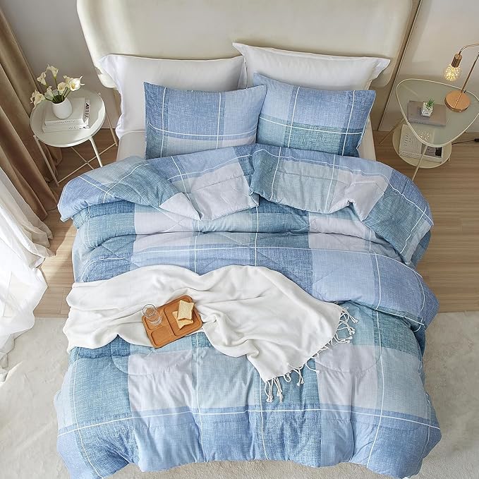 LifeTB Queen Comforter Set Modern Style Checkered Pattern Comforter for Men Boys Blue Plaid Printed Geometric Comforter with 2 Pillow Shams Fluffy Boho Grid Checkered Comforter Set Queen Size