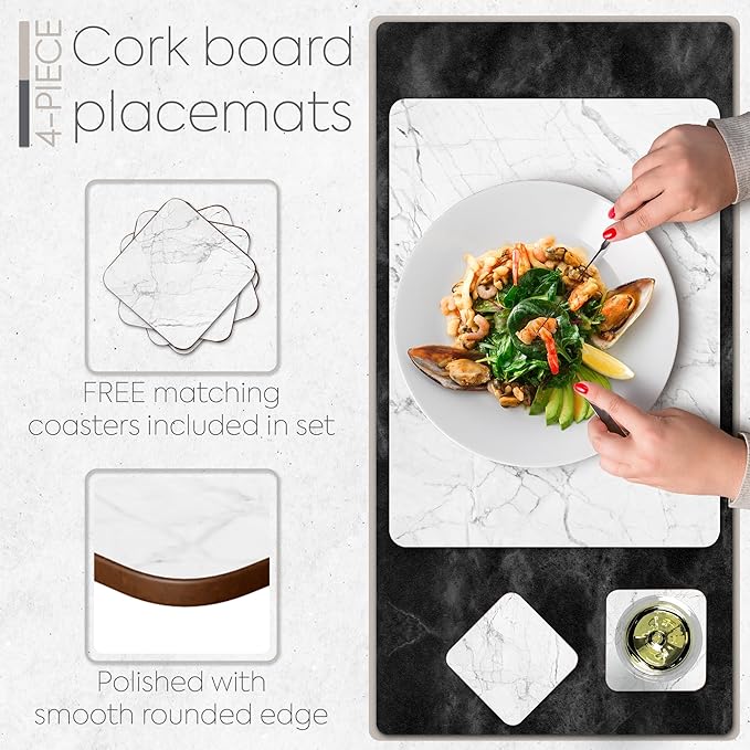 Moderry Set of 4 Heat Resistant Cork Placemats for Dining Table with Free Set of 4 Matching Drink Coasters Marble Design 16 x 12 Inches Cork Backed Hard Placemats (White Marble)