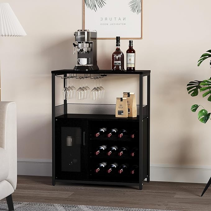 Vintage Industrial Wine Bar Cabinet with Adjustable Wine Racks and Glass Holders, Mesh Door Sideboard Storage Cabinet for Living Room, Kitchen, Dining Room, Compact Design, Easy Assembly,Black