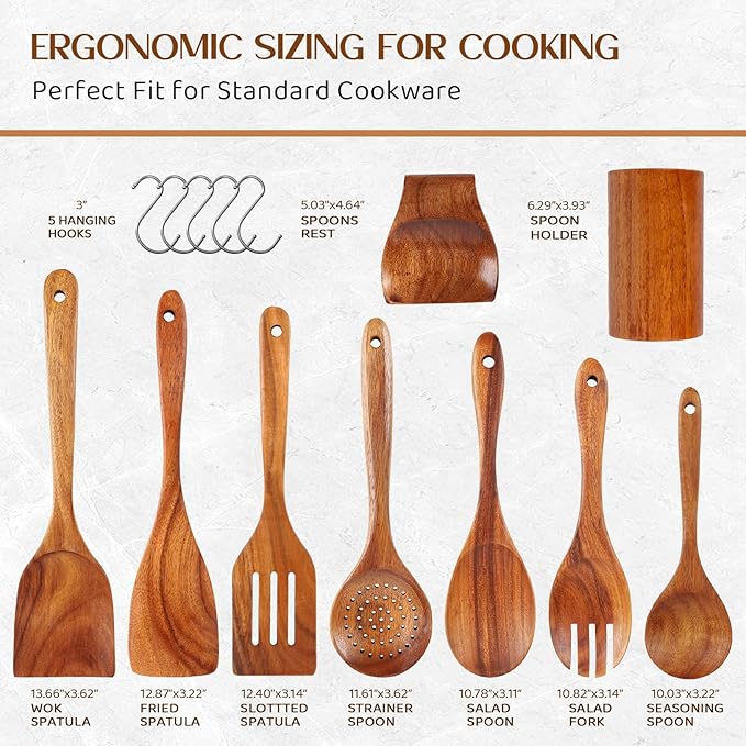 Wood Spoons for Cooking,9 Pcs Natural Teak Wooden Cooking Utensils Set with Holder 竊?Spoon Rest, Soft Comfort-Grip Wooden Kitchen Utensil Set for Non-Stick Cookware