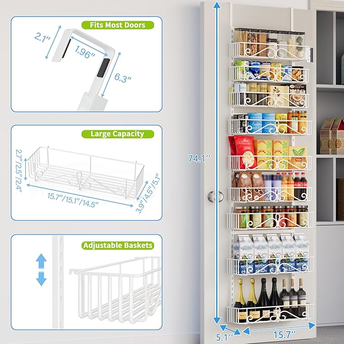 Over the Door Pantry Organizer, 9-Tier Pantry Organization and Storage for Kitchen, Metal Hanging Spice Rack Shelves Door for Home & Kitchen, Laundry Room Bathroom, White