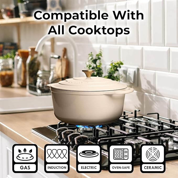 Zulay Kitchen 5 Quart Enameled Cast Iron Dutch Oven Pot with Lid ??Premium Durability & Oven Safe up to 500째F ??Heavy Duty Cookware Perfect for Bread Baking, Stews, Braising & Roasting ??Ivory