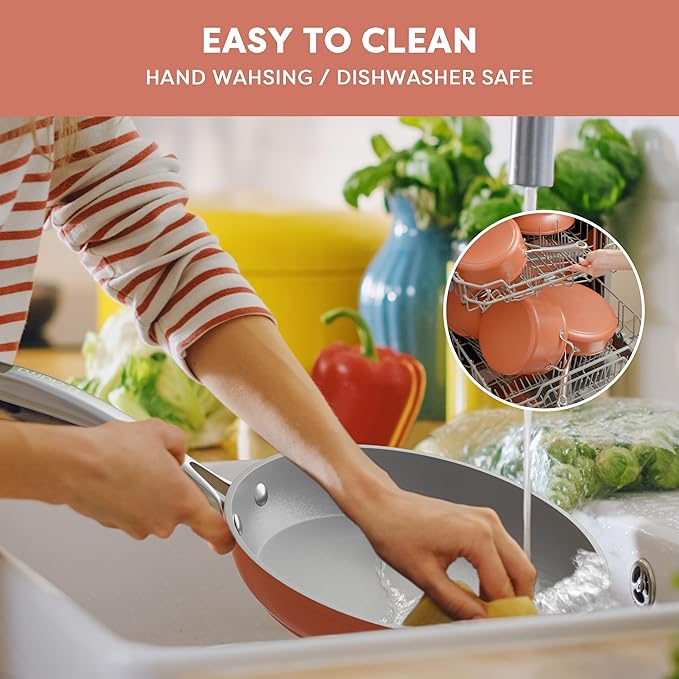 CIARRA Non Stick Frying Pan (10.2") & Ceramic Sauce Pan (3qt) - Non Toxic, PTFE & PFOA Free - Oven Safe & Compatible with All Stovetops, Orange