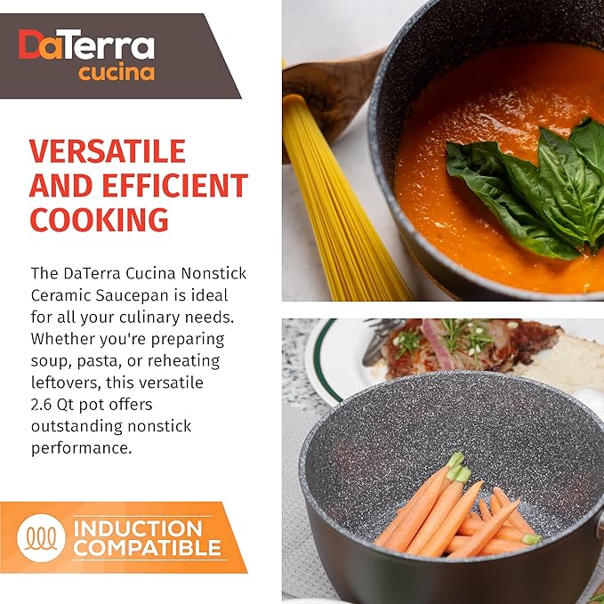 DaTerra Cucina - 2.6 Qt Nonstick Ceramic Saucepan with Lid ??Induction Compatible Cooking Pot, Nonstick Ceramic Sauce Pan for Soup, Pasta, Milk, and More, Medium Size for Kitchen, Oven Safe