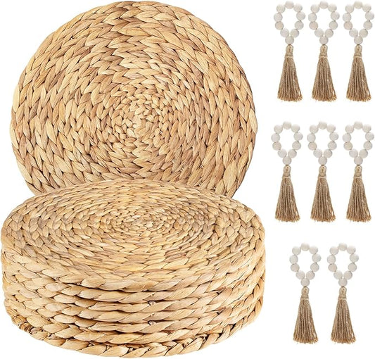 Hardcometrue Woven Placemats Set of 8, 13.8" Natural Corn Husk Round Rattan Placemats with Wooden Beads Napkin Rings for Kitchen Dining Table Decor