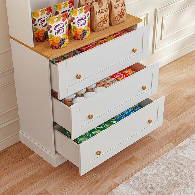 71" Farmhouse Kitchen Pantry Cabinet Set of 3, Freestanding Coffee Bar Hutch with Glass Doors, Drawers & Adjustable Shelves, Large Storage Cabinet with Microwave Stand for Living Room & Kitchen, White