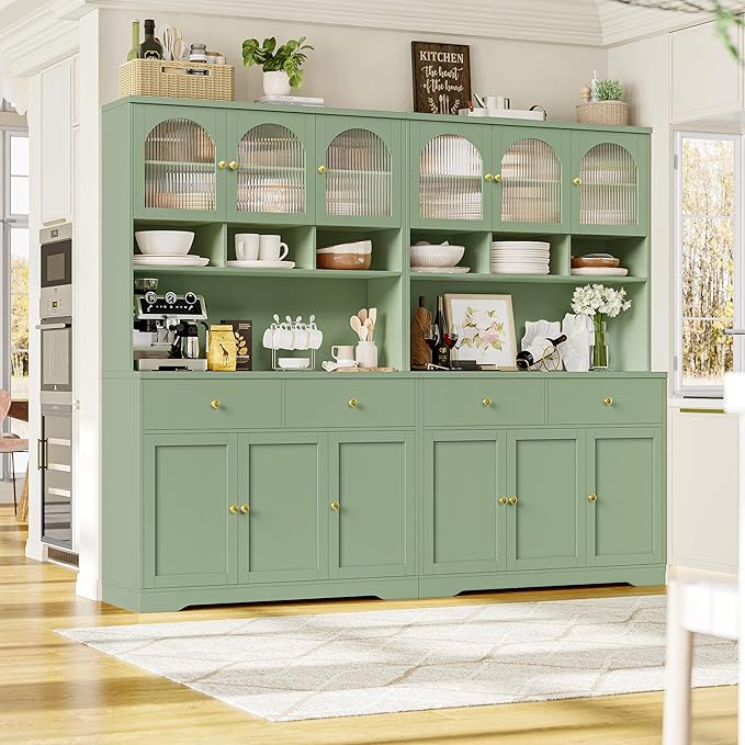 FINETONES 71" Pantry Cabinet, Tall Kitchen Pantry Storage Cabinet with Microwave Stand, Modern Kitchen Hutch Food Pantry with Open Countertop and Adjustable Shelf for Dining Room