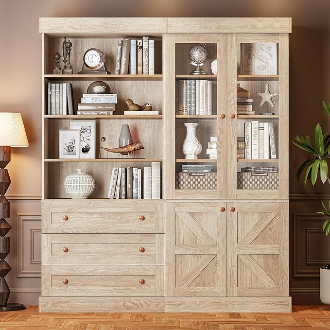 71" Tall Farmhouse Kitchen Pantry, Large Storage Cabinet with Glass Doors, Adjustable Shelves, 3 Drawer, Wood Versatile Hutch Cabinet for Dining Room, Living Room, Brown 2 PCS