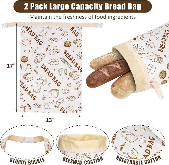 2 Pack Beeswax Bread Bags for Sourdough Reusable Bread Bags Food Storage Bag Large Capacity Portable Freshness Preservation Homemade Sourdough Bread Storage Bag
