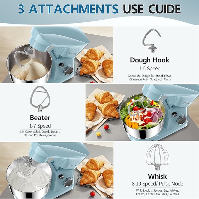 Facelle Stand Mixer, 10-Speed 6QT Kitchen Electric Mixer, Tilt-Head Food Mixer with Beater, Dough Hook, Wire Whip and Egg Separator, scraper for Most Home Cooks (Blue)