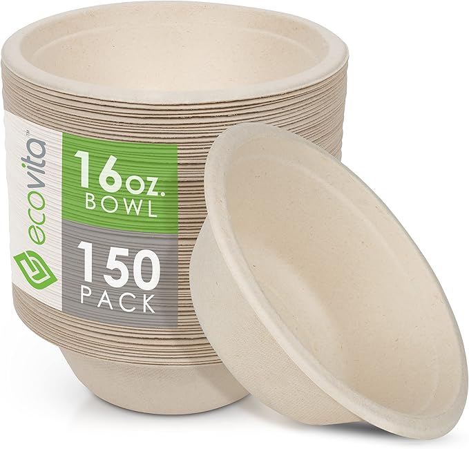 Ecovita 100% Compostable Paper Bowls [16 oz.] ??150 Disposable Bowls Eco Friendly Sturdy Tree Free Liquid and Heat Resistant Alternative to Plastic or Paper Bowls