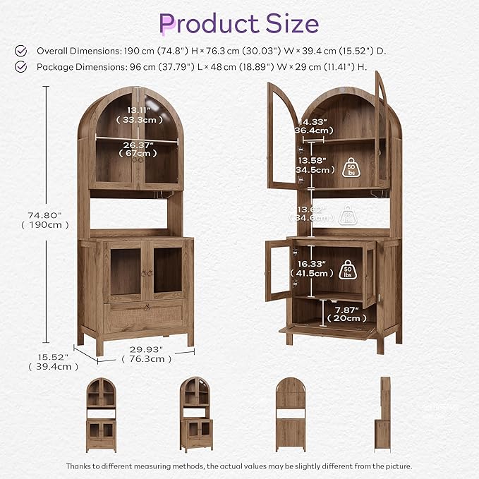 TYBOATLE 75'' Tall Arched Pantry Cabinet w/Accessible Storage Area, China Cabinet w/Anti-Tipping Device and Innovative Drawer, Versatile Cupboard for Kitchen, Dining (Natural)