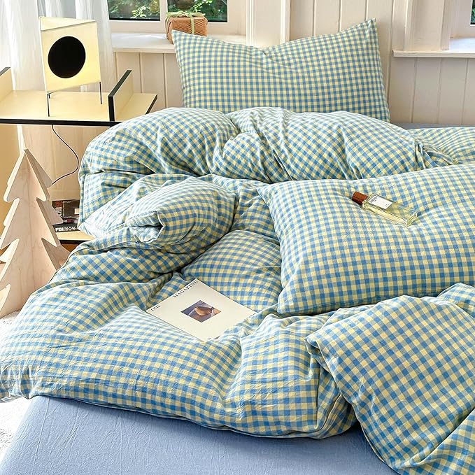 LifeTB Twin XL Comforter Set Blue Yellow Gingham Comforter for Men Boys Modern Plaid Grid Pattern Comforter Set Soft Lightweight Bedding Set Fluffy Boho Plaid Checkered Comforter with 2 Pillowcases