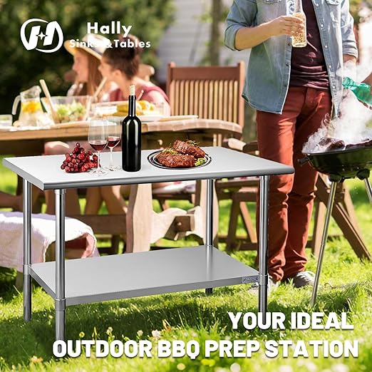 Hally Stainless Steel Table for Prep & Work 14 x 48 Inches, NSF Commercial Heavy Duty Table with Undershelf and Galvanized Legs for Restaurant, Home and Hotel