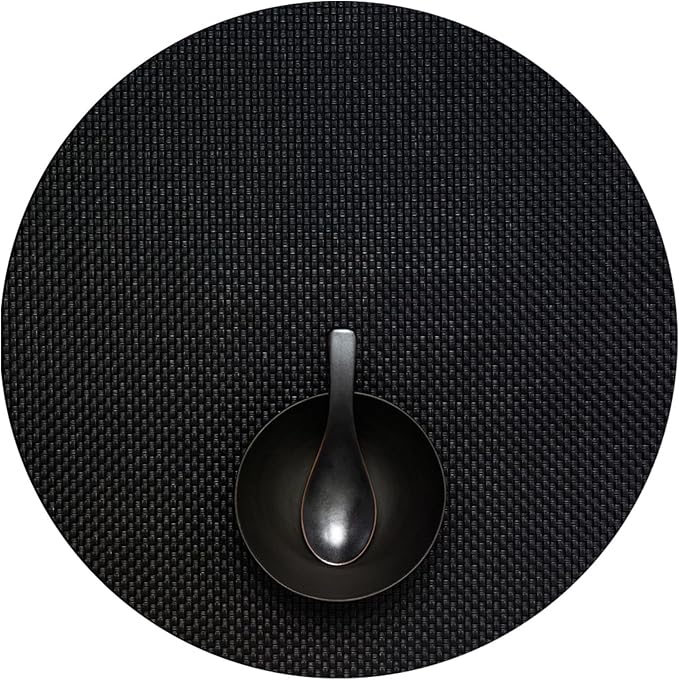 Chilewich Basketweave Placemats in Black - Set of 4 - Easy Care Woven Tabletop Textiles - Indoor/Outdoor - 15" Round